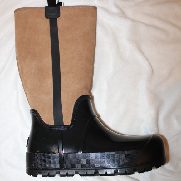 NIB UGG WOMEN'S RAINCLOUD TALL SUEDE SHEARLING RAIN WINTER BOOTS CHESTNUT BLACK - Picture 8 of 9